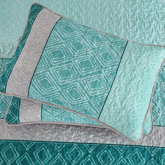 Cottolester Teal Quilt Set Full Size,3 Pieces Boho Striped Plaid Bedspread | Soft Microfiber Quilt for Teens Boys Adults,Ultra Soft Summer Lightweight Coverlets Set 78"x90"