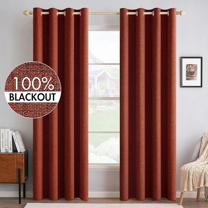MIULEE 100% Blackout Linen Curtains for Bedroom 52x108 Inches Burnt Orange | Room Darkening, Light Blocking, Thermal Insulated, Grommet Top, Linen Textured, Fall Curtains for Living Room, 2 Panels
