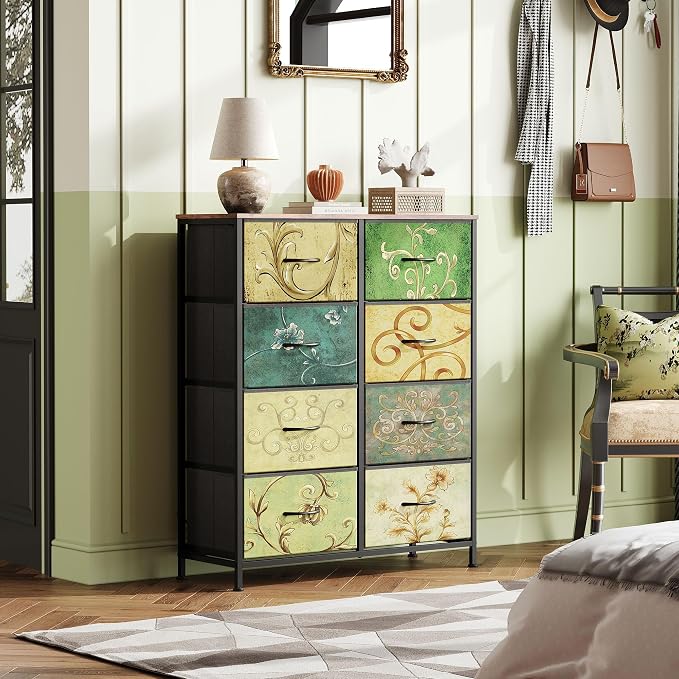 WLIVE 8 Drawer Fabric Dresser for Bedroom, Tall Storage Tower, Floral | 8-drawer tall storage tower with fabric bins and wood tabletop, breathable non-woven, perfect for bedroom closet dorm