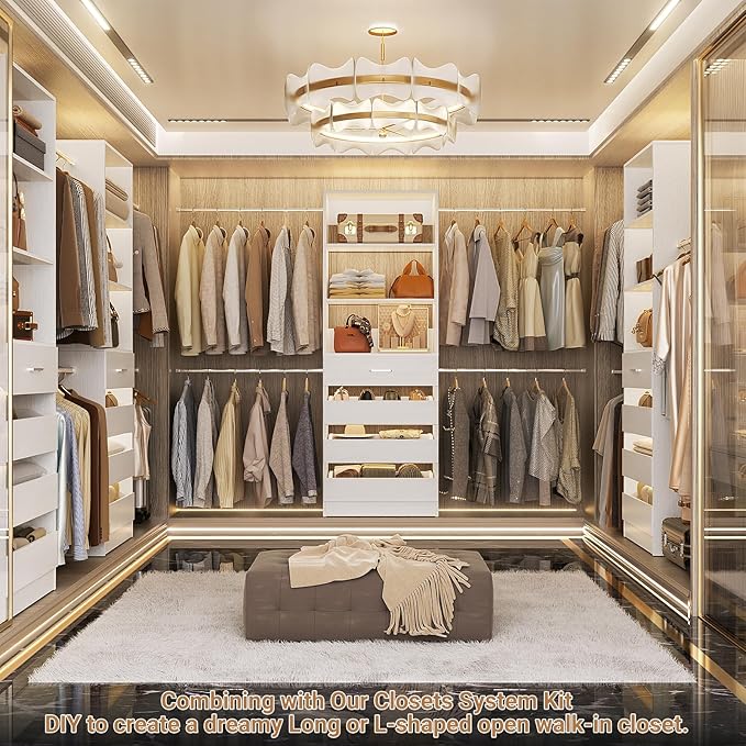 Aheaplus Closet System, 4-9Ft Closet Organizer with 4 Wooden Drawers, White | Wood Closet Organizer System with Tower, Walk-in Closet Organizer Wardrobe Clothes Rack with 4 Hanging Rods, Garment Rack