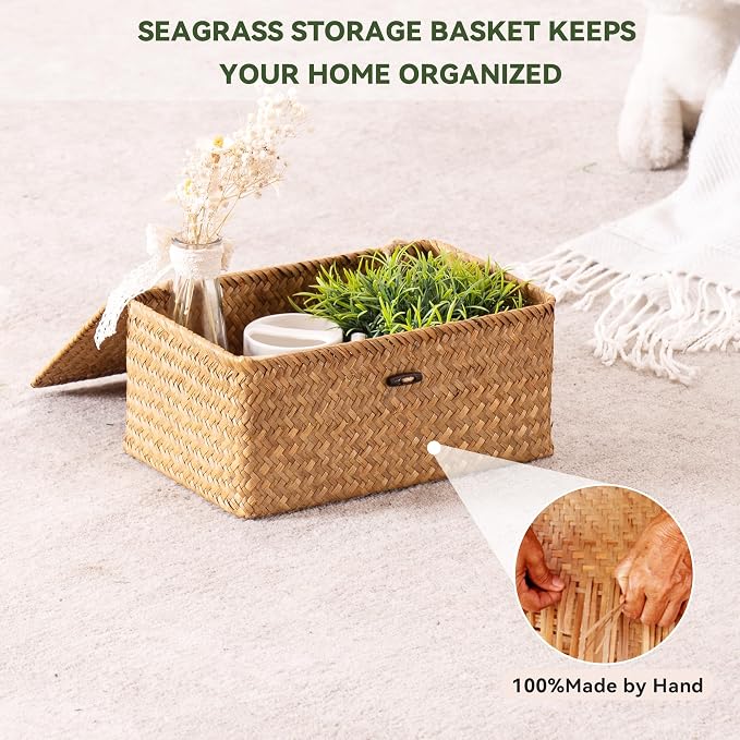 Nonam Large Wicker Basket with Lid,Seagrass Shelf Basket Set of 3,Nautral | Storage Basket Container for Organizing, Boho Decorative Basket, Rectangular Household Storage Boxes for Home Organization