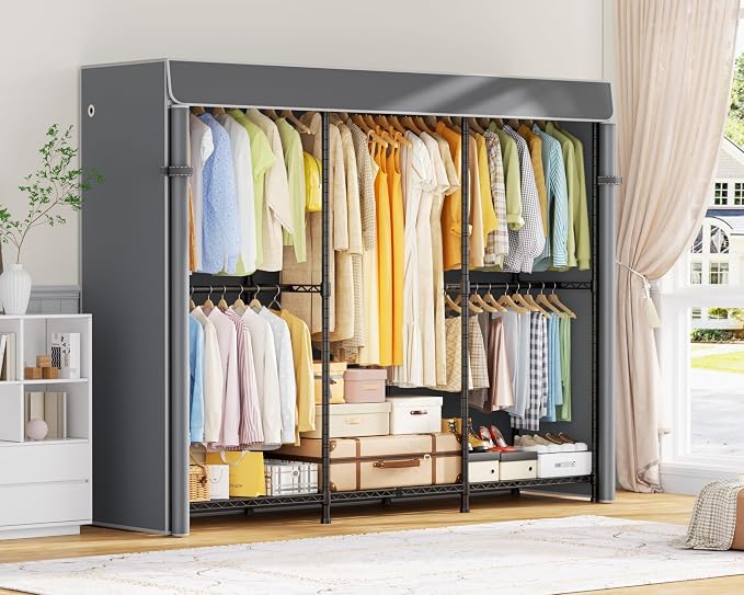 ULIFHOME E14C Pro Heavy Duty Closet Organizer System，Freestanding Clothing Racks for Hanging Clothes，Adjustable Garment Rack 69" W × 16" D × 77" H Hold 960 lbs，Black Rack with Grey Dustproof Cover