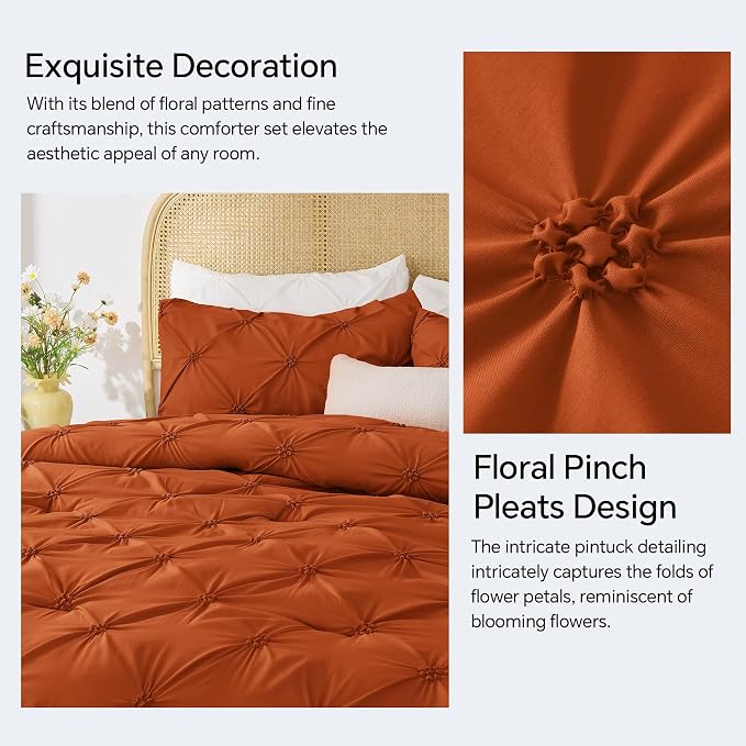 BEDELITE Queen Comforter Set Burnt Orange,Lightweight & Soft Comforter | Pintuck Boho Bedding, Warm & Cute Bed Set for All Season,With 2 Pillowcases