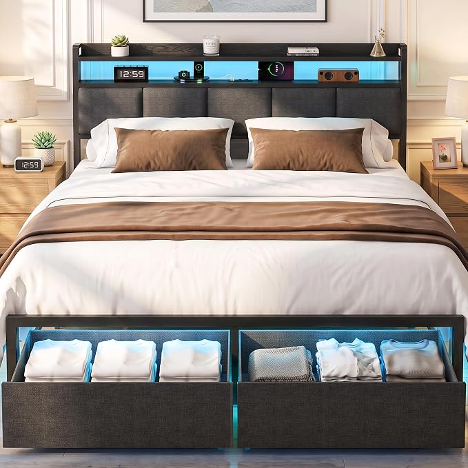 Queen Bed Frame with 2 Storage Drawers, Platform Bed with LED Lights & Charging Station, Upholstered Headboard with 2-Tier Shelves, Heavy Duty Metal Sltats, No Box Spring Needed, Noise Free