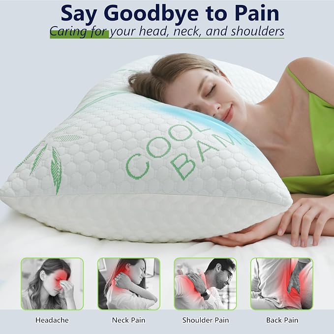 Cooling Pillows, Shredded Memory Foam Pillows King Size Set of 2 Adjustable Firm Bamboo Bed Pillows for Hot, Side, Back and Stomach Sleepers