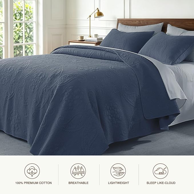 GOONE 100% Cotton Quilt King Size Bedding Quilt Sets 108x98 in, Dusty Blue | Lightweight Breathable Bedspread & 2 Pillow Shams, 3-Piece Floral Medallion Stitch Country Quilted Coverlet for All Season