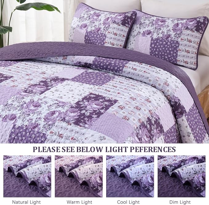 Anibedding Purple Patchwork Quilt Set King, Rose Floral Plaid Bedspread | Lavender Vintage Flower Coverlet, Lighweight Microfiber Farmhouse Quilt Bedding Set 3 Pieces for All Season, 96''x90''