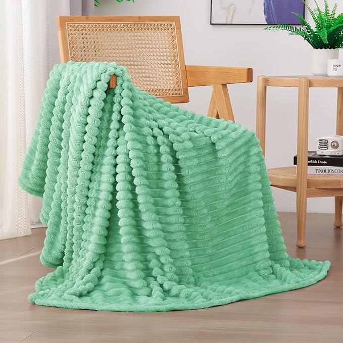 Mint Green Fleece Throw Blanket 50”×60” for Couch Sofa Livingroom | Super Soft Cozy Plush Microfiber Flannel Bed Blanket Striped Design Lightweight Home Decor Gifts for Adults Mom Women