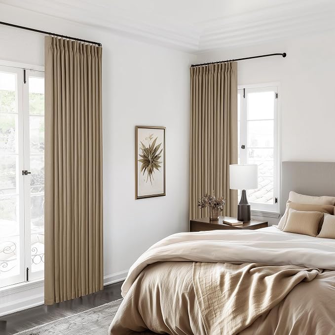 Light Brown Pinch Pleated 100% Blackout Linen Bedroom 96 Inch Curtains | Double Layer Curtains, Pinch Pleat Rings Hooks Back Tab, Black Out Room Darkening, Memory Shape, for Living Room, 2 Panels