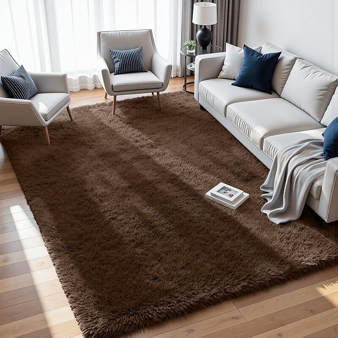6x9 Fluffy Shag Area Rugs for Living Room Bedroom: Soft Plush Carpet Brown | Upgraded Non-Slip Thick Memory Foam, Ultra Soft, Non-Shedding Fuzzy Carpet, Easy Clean Decor for Kids Room, Nursery, Playroom