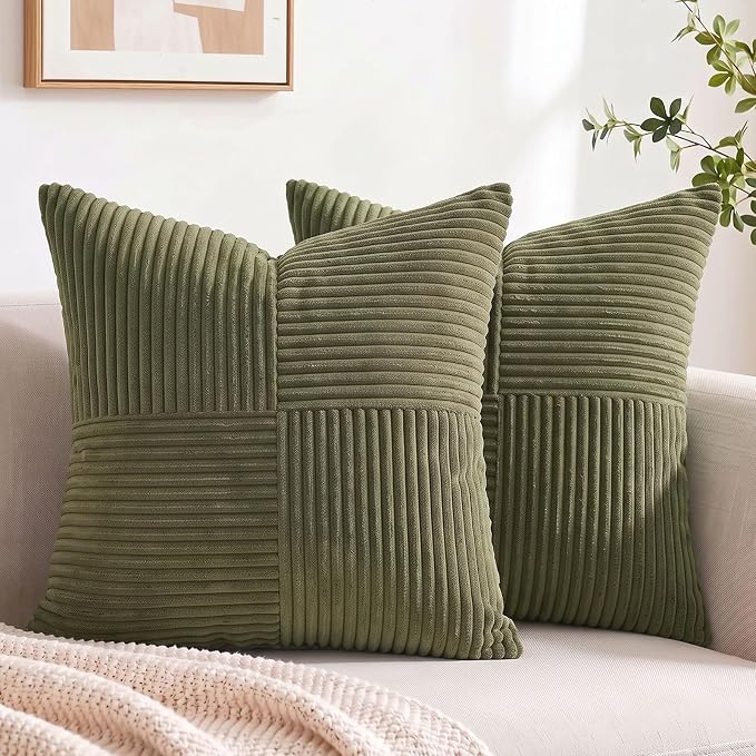 Fancy Homi 2 Packs Olive Green Samll Decorative Throw Pillow Covers 14x14 Inch with for Couch Bed Sofa, Rustic Farmhouse Boho Home Decor, Soft Corss Patchwork Corduroy Square Cushion Case 35x35 cm