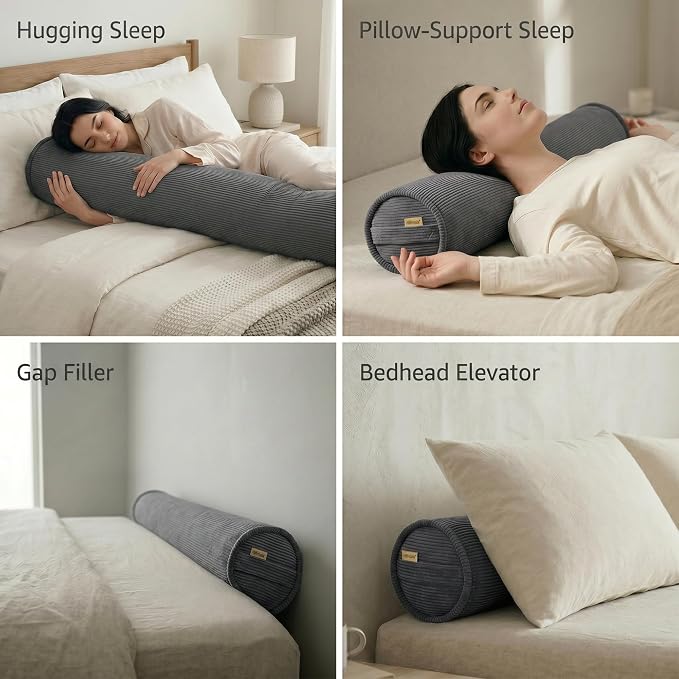 Corduroy Full Body Cylinder Pillow for Adults, Cozy Bolster Pillow for Bed & Sofa, Soft Support Hugging Pillow, 59 x 7.87 Inches, Dark Grey