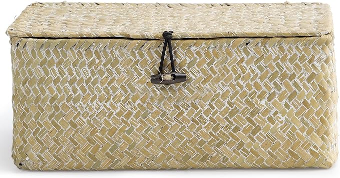 Nonam Small Wicker Basket with Lid,Seagrass Shelf Basket Set of 3,Nautral | Storage Basket Container for Organizing, Boho Decorative Basket, Rectangular Household Storage Boxes for Home Organization