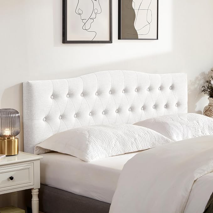 Tufted Headboard Queen Size, Solid Wood Adjustable Height Head Board, White | Upholstered Queen Headboard Only with Durable Solid Wood Legs, Adjustable Height 37-51 in, Fabric Button Diamond HeadBoards