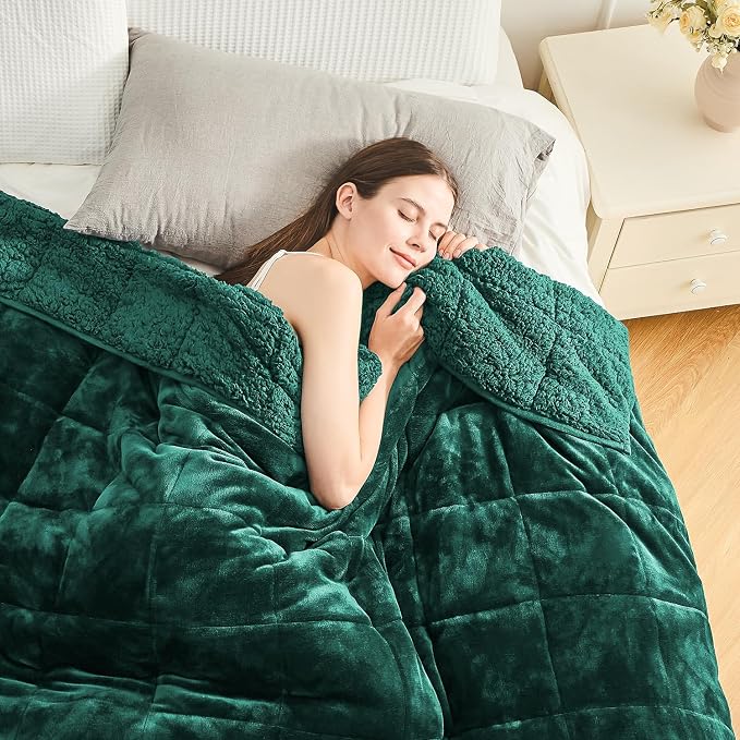 Cottonblue Sherpa Fleece Weighted Blanket 15 lbs for Adults Twin Size Soft | Cozy Soft Sherpa Flannel Green Weighted Blankets Throw for Sleep Calm Relax, Warm Fuzzy Fur Heavy Blanket for Bed Couch Sofa