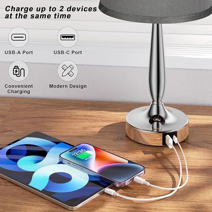 Kakanuo Touch Table Lamp for Bedroom, Small Bedside Lamp with USB C Charging Port, 3 Way Dimmable Touch Control Nightstand Lamp for Living Room and Office, Gray Shade and Silver Base