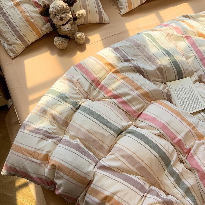 mixinni Vintage Striped Duvet Cover Set Full, 3-Piece 100% Washed Cotton Bedding Set - Soft & Breathable Colorful Comforter Cover with Zipper, All-Season Lightweight Bed Set for Cozy Home