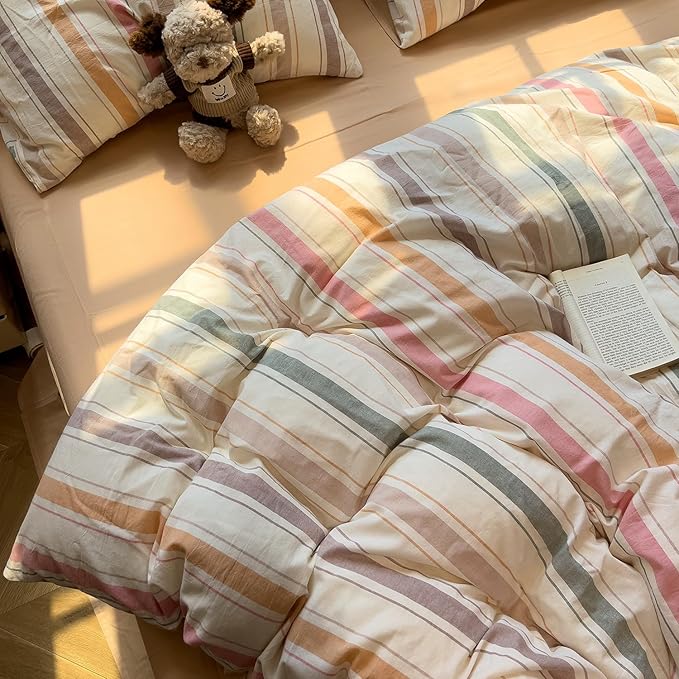 mixinni Vintage Striped Duvet Cover Set King, 3-Piece 100% Washed Cotton Bedding Set - Soft & Breathable Colorful Comforter Cover with Zipper, All-Season Lightweight Bed Set for Cozy Home