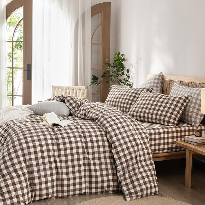 BESTOUCH Gingham Cotton Duvet Cover Set Cocoa Brown Oversized Full | Washed Cotton, Linen Feel, Soft Wrinkle Texture, Hidden Zipper, 8 Ties, Breathable Lightweight Durable Comfy, 3 Pcs No Insert