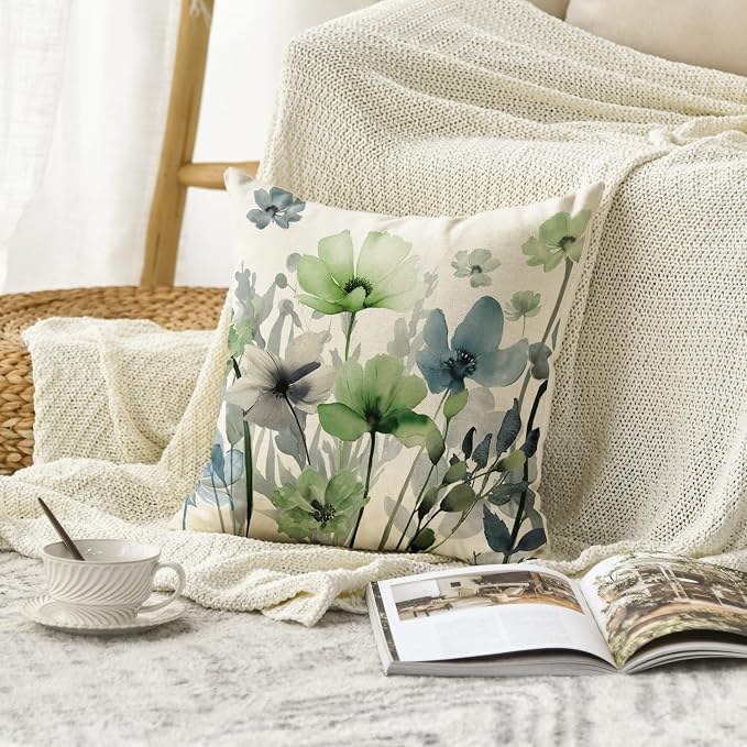AVOIN colorlife Poppy Flowers Chinoiserie Throw Pillow Cover 18x18 Inch | Blue Sage Green Seasonal Leaves Cushion Case Decoration for Sofa Couch Farmhouse