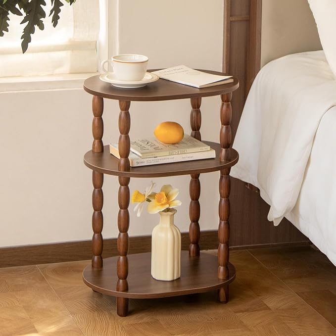 MaxSmeo Small Side Table, 3-Tier Small End Table, Modern Oval Night Stand Accent Table for Living Room, Bedroom, Walnut Brown