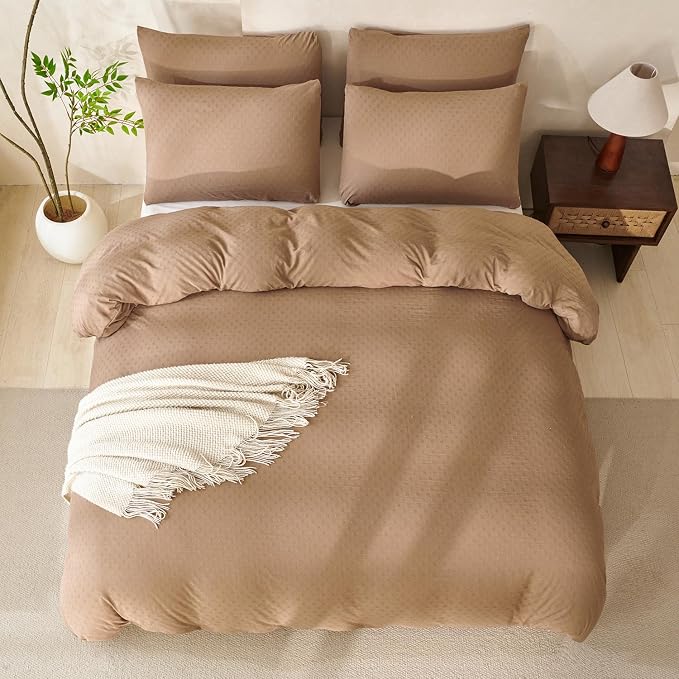 King Size Comforter Set Polka Dot Dark Brown Luxury Washed Microfiber Jacquard 3 Pieces Bedding, Dark Brown Dot Pattern Comforter with 2 Pillowcases Soft Breathable Durable Comfy