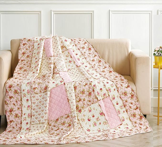 Cozyholy Original 100% Cotton Quilt Pink Floral Patchwork Quilts Quilted Throw Blanket, Reversible Bedspread Coverlet Vintage Shabby Chic Cottage Bedding Quilt for Bed Couch Sofa