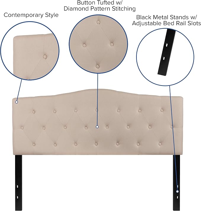 EMMA + OLIVER Beige Queen Tufted Headboard | Adjustable Bed Rail Slots, Fabric Upholstered