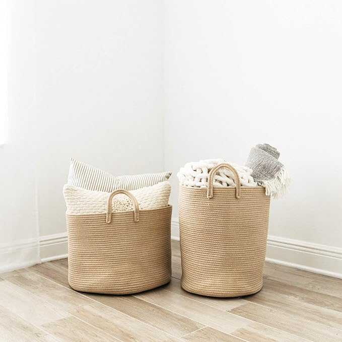 OrganiHaus Round Toy Basket & Blanket Basket, Cotton Rope 20x13" | Full Honey - Round Cotton Rope Basket, 20x13"