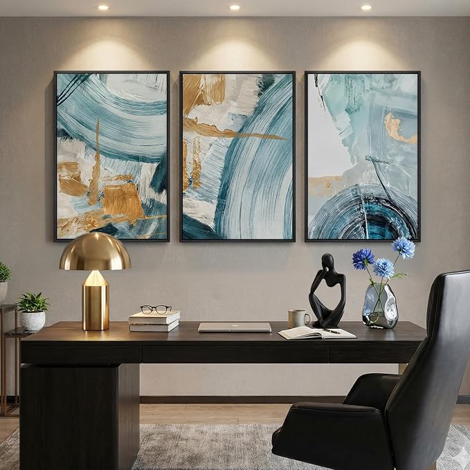 Large Framed Blue and Gold Abstract Wall Art for Living Room, 3 Piece 24x36 | Minimalist elegant pictures, Canvas prints, Modern paintings, Artwork for walls, Wall decor for dining bedroom hallway lounge
