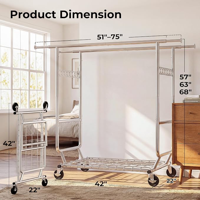 HOKEEPER Clothes Rack Heavy Duty Clothing Rack Load 650 LBS Collapsible Garment Rack with Wheels Double Rod Clothes Rack for Hanging Clothes Commercial Portable Closet Rack with Shelves 22"D*75"W*68"H | Garment Rack with Wheels Double Rod Clothes Rack ...