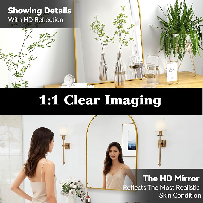 36x24 Bathroom Mirror Arch Wall Mounted/Against Aluminum Frame Gold | HD Crystal Clear No distortion Tempered Glass,Make-Up Vanity Mirrors for Bedroom,Entryway,Living Room