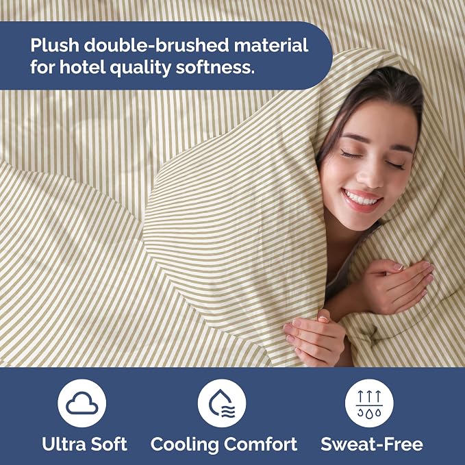 Duvet Cover Full Size - 3 Piece with Zipper Closure - Beige Stripes | Extra Soft, Breathable, Full Duvet Cover 80" x 90" with 2 Pillow Shams, Zipper Closures & Ties, Women, Men, Kids & Teens