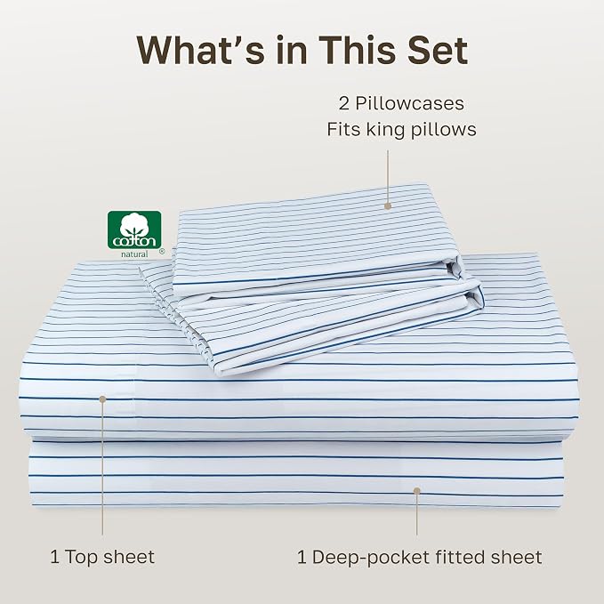 California Design Den 600 Thread Count California King Deep Pocket Sheets | 100% Cotton Sateen Backed by Good Housekeeping Seal, Soft & Smooth, 16" Deep Pocket, 4 Pc Set - Classic Blue Stripe Print