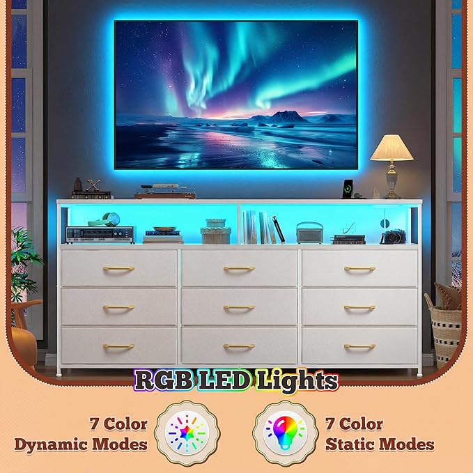 55" W Dresser for Bedroom with 9 Drawers LED, Power Outlets Fits 65" TV | TV Stand for 45, 55, 65 Inch TV Sturdy Long Chest of Drawers with Extra 2 Wooden Shelves Steel Frame PU Leather Drawer
