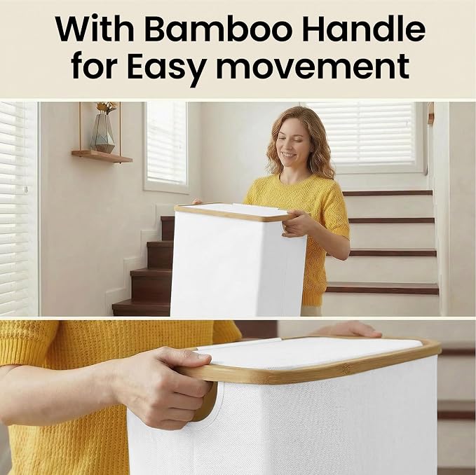 efluky Slim Laundry Basket with Lid, Narrow Laundry Hamper with Removable Bag, Skinny Dirty Clothes Basket with Bamboo Handles for Bathroom, Bedroom & Laundry Room, 75L White
