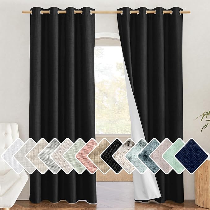 NICETOWN Vintage Open Linen Weave Flax Thermal Black Curtains for Holloween Decoration, 100% Blackout Curtains 84 inches Long 2 PCs for Dining Room, Soundproof Window Treatment Drapes for Hall Room