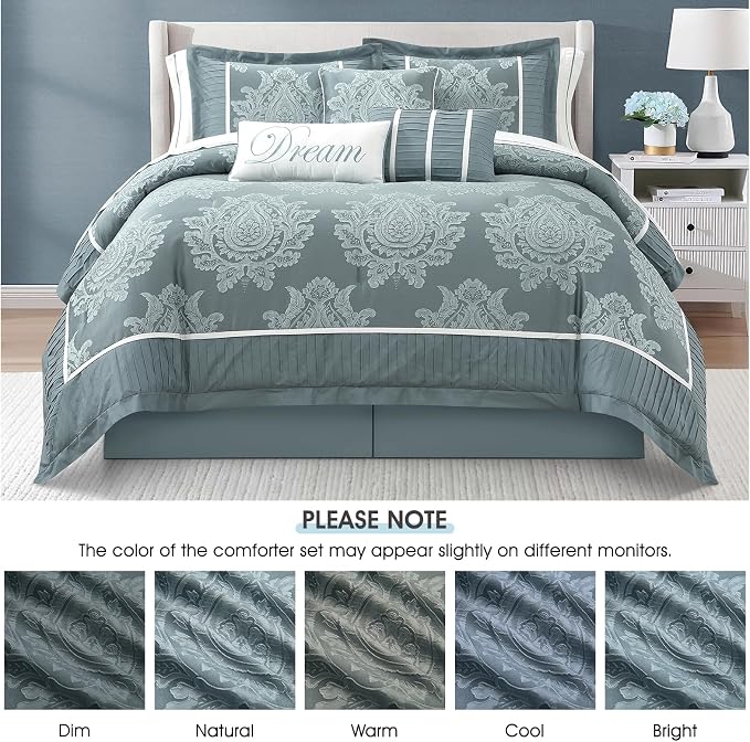 Blue King Size Comforter Set, 15 Pieces, Damask Jacquard Woven, Bedding Set with Sheets, Room in a Bag, Comforter, Bed Skirt, Pillow Shams and Decor Pillows, Curtains