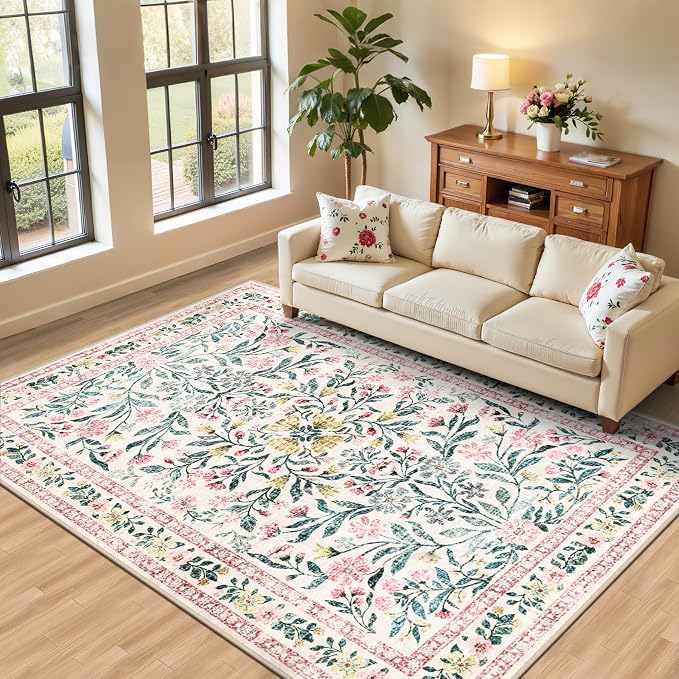 PLHXFR 6x9 Area Rug Living Room: Floral Washable Boho Carpet Pink Green | For Bedroom Dining Room Farmhouse Nursery Hallway,Vintage Floral,Machine washable,Non Slip,Stain Resistant,Large Indoor