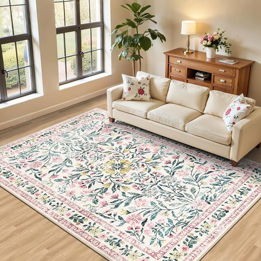 PLHXFR 6x9 Area Rug Living Room: Floral Washable Boho Carpet Pink Green | For Bedroom Dining Room Farmhouse Nursery Hallway,Vintage Floral,Machine washable,Non Slip,Stain Resistant,Large Indoor