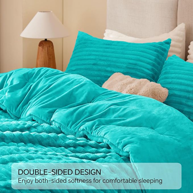 BEDELITE Fleece King Comforter Set, Fluffy Bed Set, Teal | Super Soft & Warm Bedding, Luxury Fuzzy Faux Fur Comforter for Winter, Heavy Plush Bedding, with 2 Pillowcases
