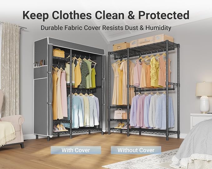 VIPEK V2C Heavy Duty Clothes Rack with Grey Upgraded Polyester Cover | Portable Metal Closet Rack with Adjustable Shelves & Hanging Rods, Freestanding Wardrobe Closet for Bedroom, 700LBS