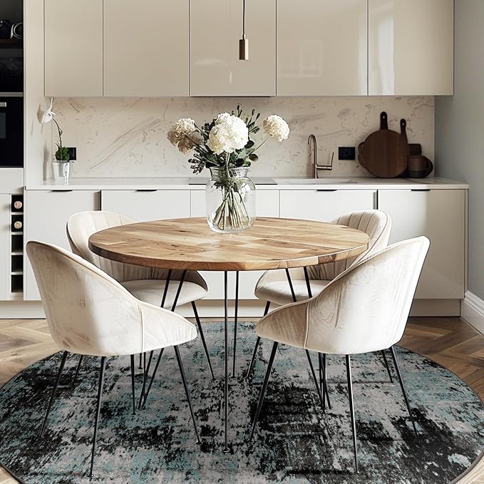 RELEANY Washable Round 6ft Area Rug for Living Room Teal Black | Carpet for Bedroom, Kitchen, Office, Hallway and Entryway, Printed Pattern, Non‑Slip, Soft, Stain‑Resistant, Easy to Clean