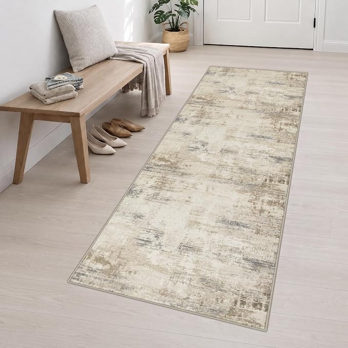 3x10 Washable Runner Rug：Modern Abstract Soft Carpet Beige Brown | For Hallway, Bedroom, Kitchen, Laundry, Bathroom,Door Mat,Modern Abstract,Machine washable,Non-Slip,Stain Resistant,Indoor