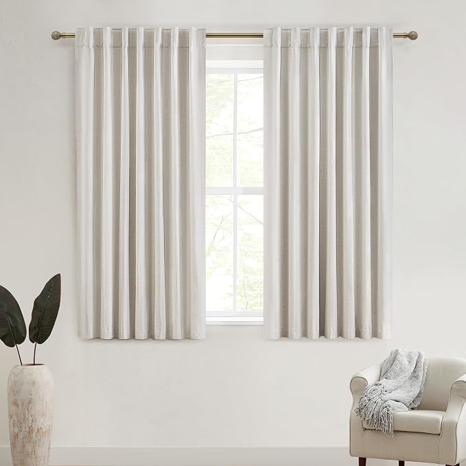 QJmydeco Short Linen Blackout Curtains for Bedroom 45 Inches Length 2 Panels Set, Kitchen/Bathroom Curtains for 42 Inch Small Window, Heat Blocking Thermal Insulated,Hook Belt Pleated/Back Tab