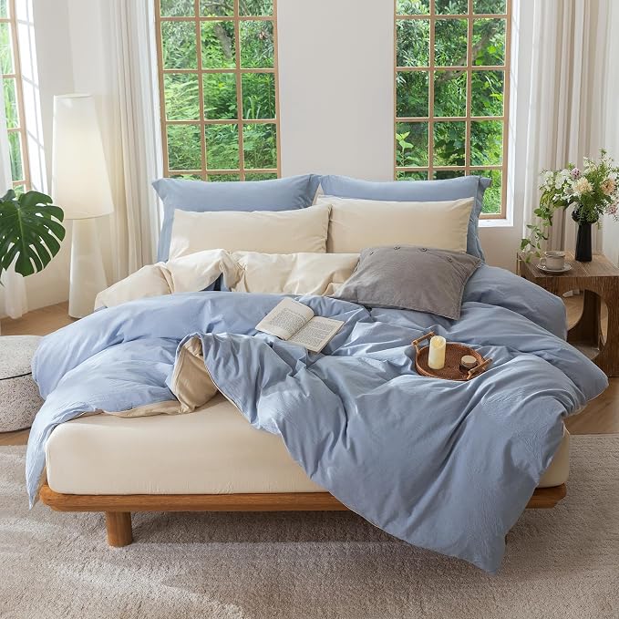 BDEAR 3Pcs Reversible Duvet Cover Set 98" L x 98" W, Blue and Almond Grey | 100% Washed Cotton, 1 Duvet Cover with 2 Pillowcases, Zipper Closure, OEKO TEX Standard,8 Corner Ties,Linen-Liked Texture