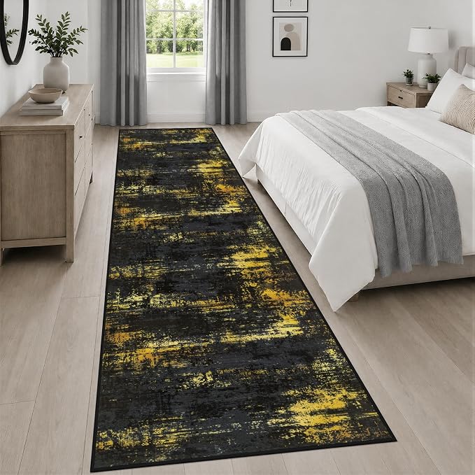 3x14 Washable Runner Rug：Modern Abstract Soft Carpet Black Gold | For Hallway, Bedroom, Kitchen, Laundry, Bathroom,Door Mat,Modern Abstract,Machine washable,Non-Slip,Stain Resistant,Indoor