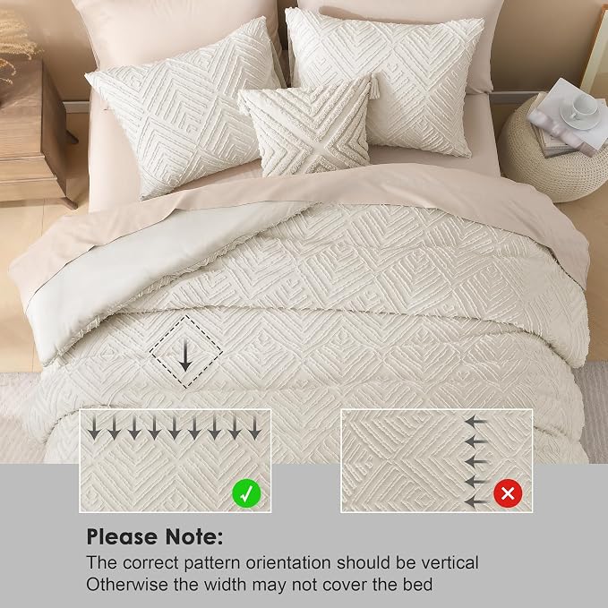 Litanika Oversized Queen Comforter Set, 3 Pcs Beige Tufted Boho Bedding Set | Farmhouse Shabby Chic Vintage Bohemian Textured Aesthetic Soft Fluffy Lightweight Breathable All Season Bed Set