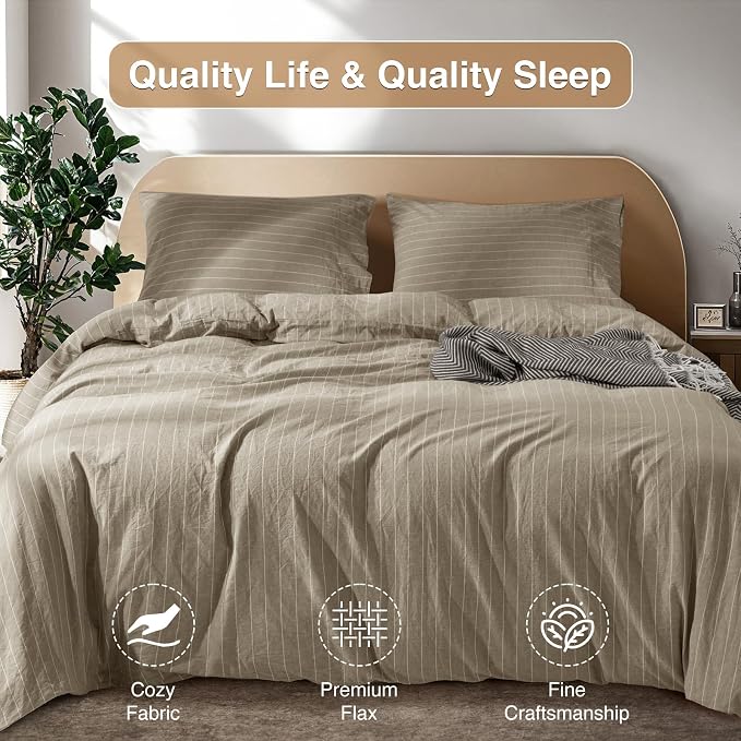 SONORO KATE 100% French Linen Queen Duvet Cover Set,Zipper Closure,3PC | Natural French Flax,Soft Breathable for Hot Sleepers,Moisture Wicking & Durable,4 Corner Ties,Linen & White Stripes