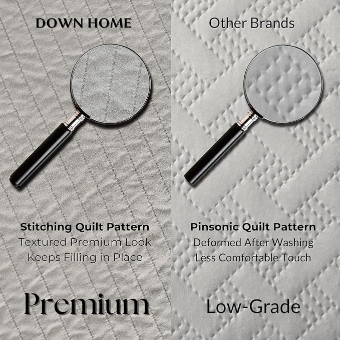 DOWN HOME King Quilt Bedding Set with Shams, Vintage Washed Soft Quilted Blanket Thin Comforter Lightweight Bedspread Coverlet Bed Cover, Brushed Microfiber Stripe Stitching, Light Gray, 104"x90"